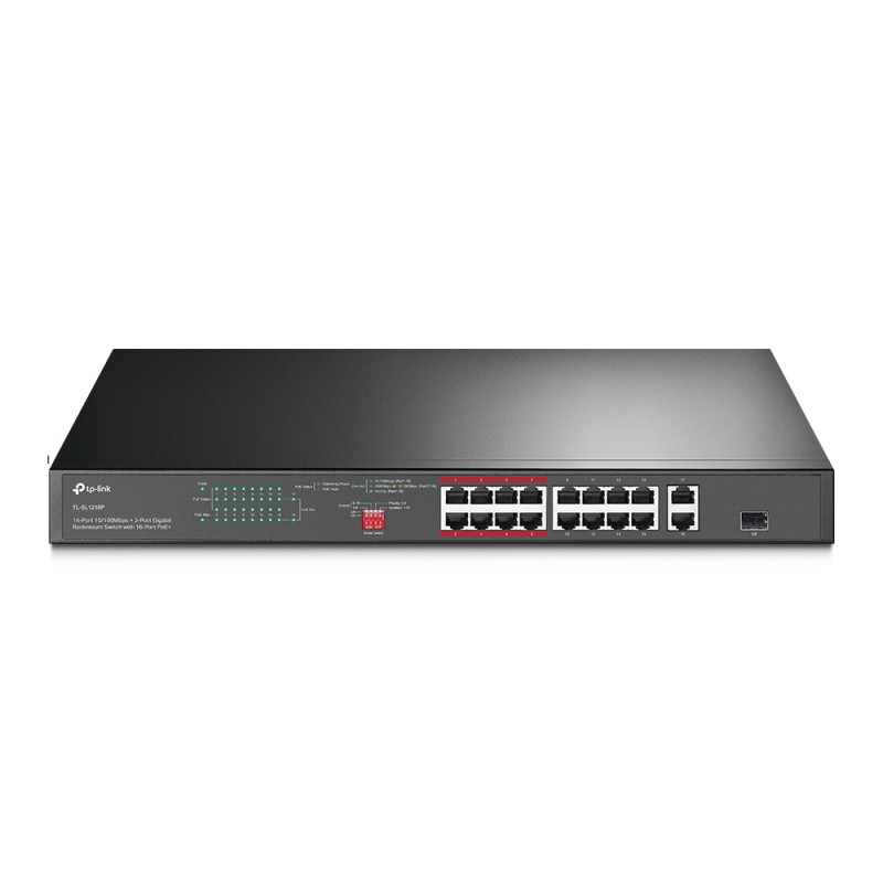TP-Link TL-SL1218P — 16-Port 10/100 Mbps + 2-Port Gigabit Rackmount Switch with 16-Port PoE+